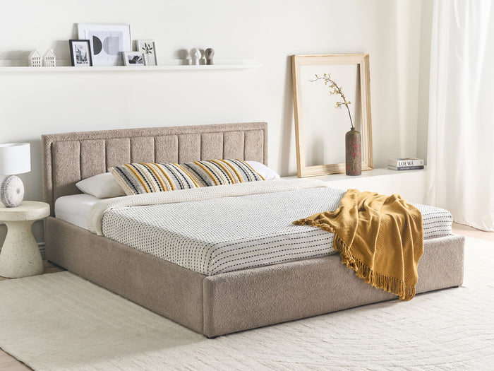 Beliani-MONTLAUR-Bed met opbergruimte-Taupe-180 x 200 cm-Bouclé