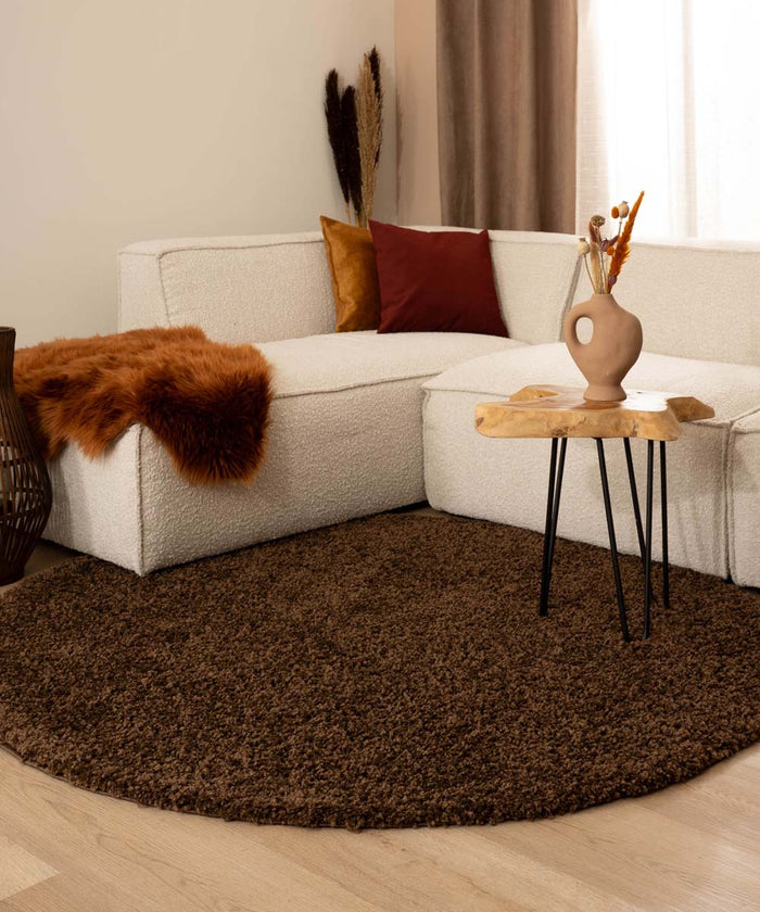 Tapeso Hoogpolig vloerkleed shaggy Trend effen rond - bruin - 120 cm
