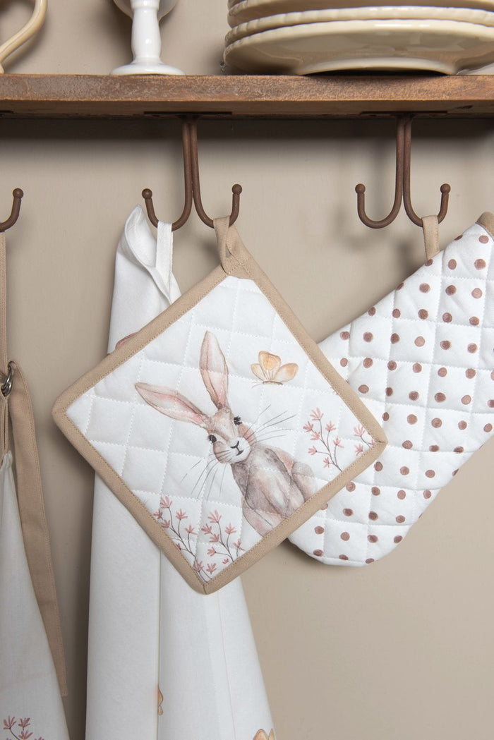 Clayre & Eef Pannenlap 20x20 cm Wit Bruin Katoen Konijn