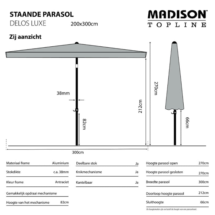 Madison stokparasol Delos Luxe Grey 200x300 cm.