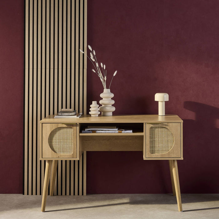 sweeek - Bureau met houten effect en rotan 2 lades