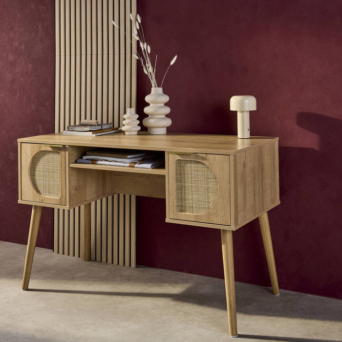 sweeek - Bureau met houten effect en rotan 2 lades