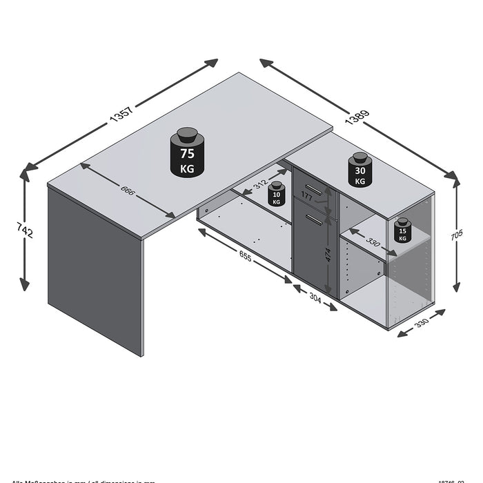 Calicosy - Hoekbureau LEX - B135,7 cm - Wit