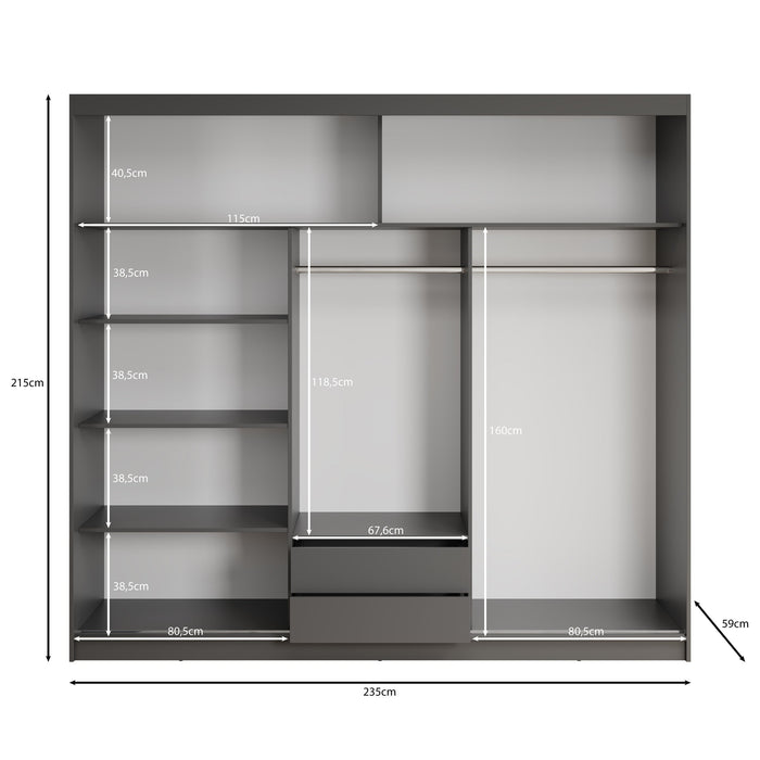 Meubella - Erie - Kledingkast met schuifdeuren - Grijs - 235x59x215 cm