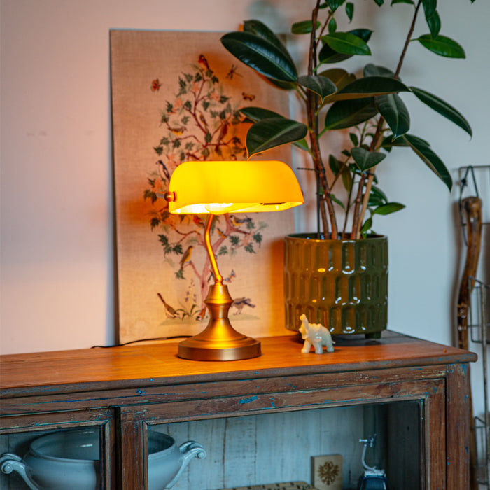 QAZQA Klassieke notarislamp brons met amber glas - Banker