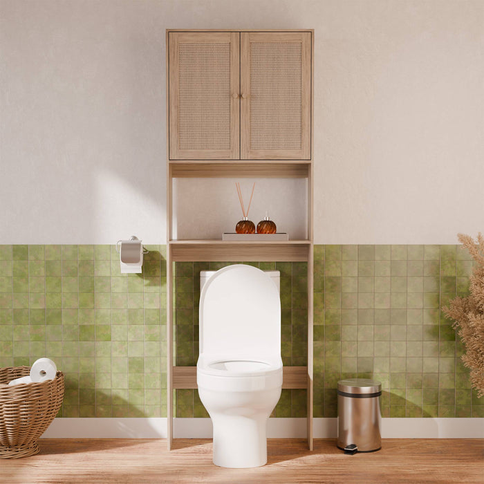 sweeek - Wc meubelrek met houten en rotan decoratie