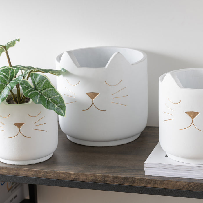 J-Line bloempot Kat voor binnen - cement - wit|goud - medium