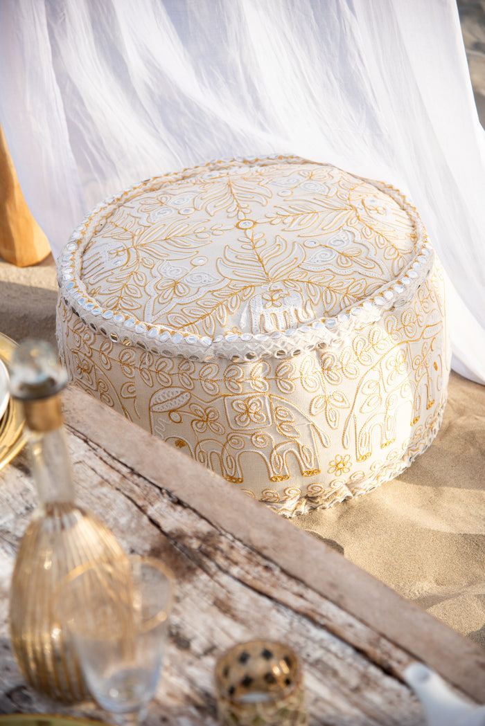 J-Line poef Rond Olifanten + Spiegels - katoen - creme|goud