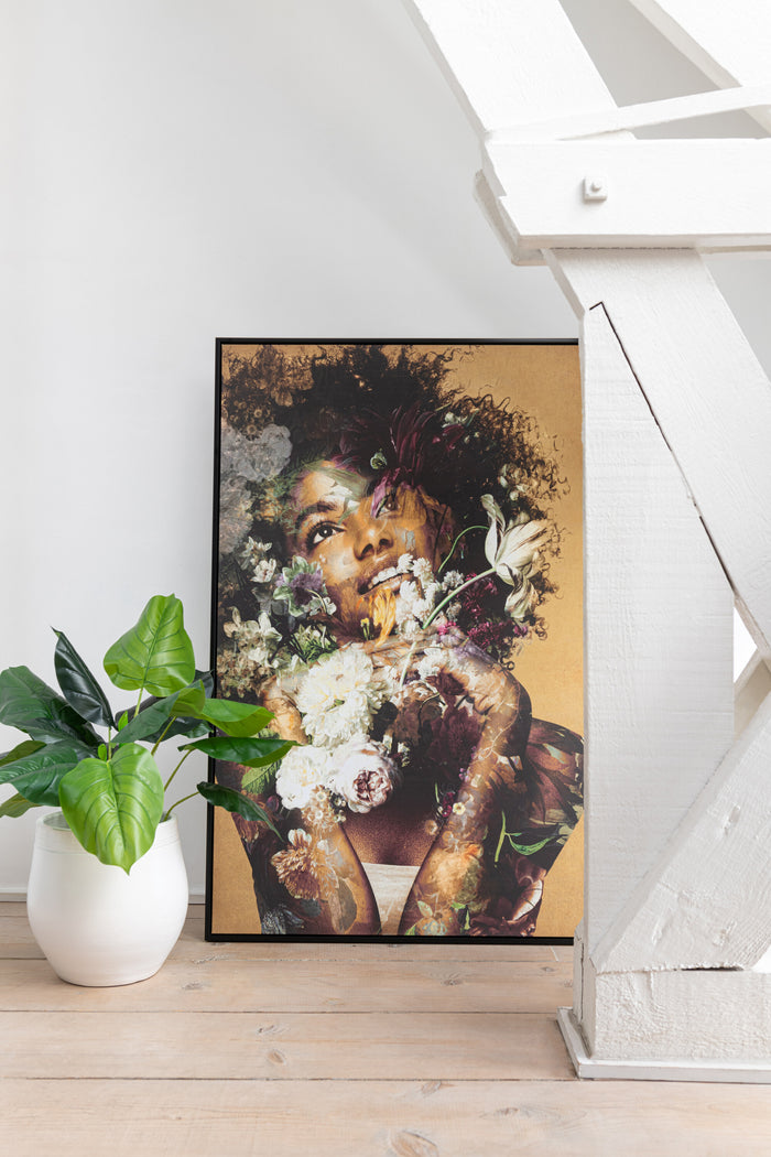 J-Line wanddecoratie Vrouw Bloemen - canvas|hout - mix