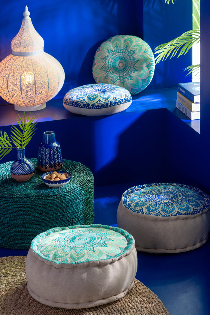 J-Line kussen Rond Bloem - katoen - turquoise|blauw - 2 stuks