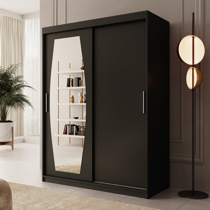 Meubella - Kledingkast Azai - Zwart - 150 cm - Met spiegel