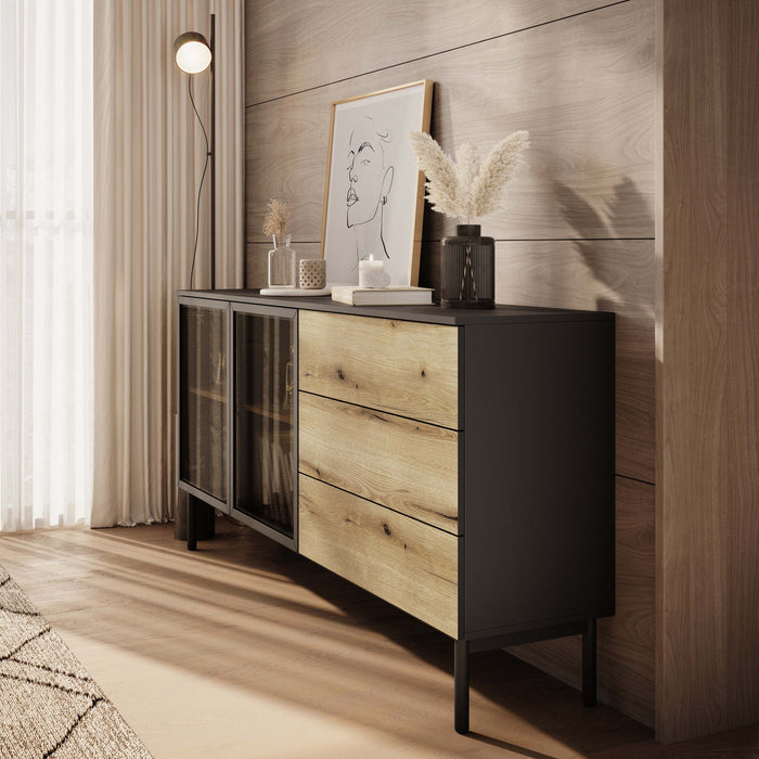 Meubella - Dressoir Ludwig - Zwart - Eiken - 180 cm