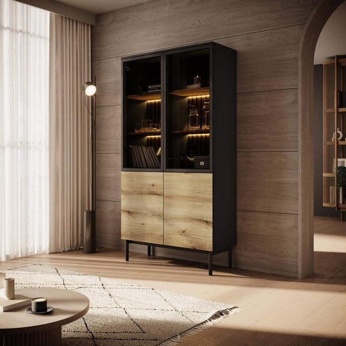 Meubella - Vitrinekast Ludwig - Zwart - Eiken - 100 cm - Hoog