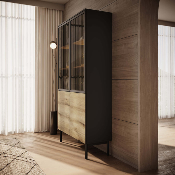 Meubella - Vitrinekast Ludwig - Zwart - Eiken - 100 cm - Hoog