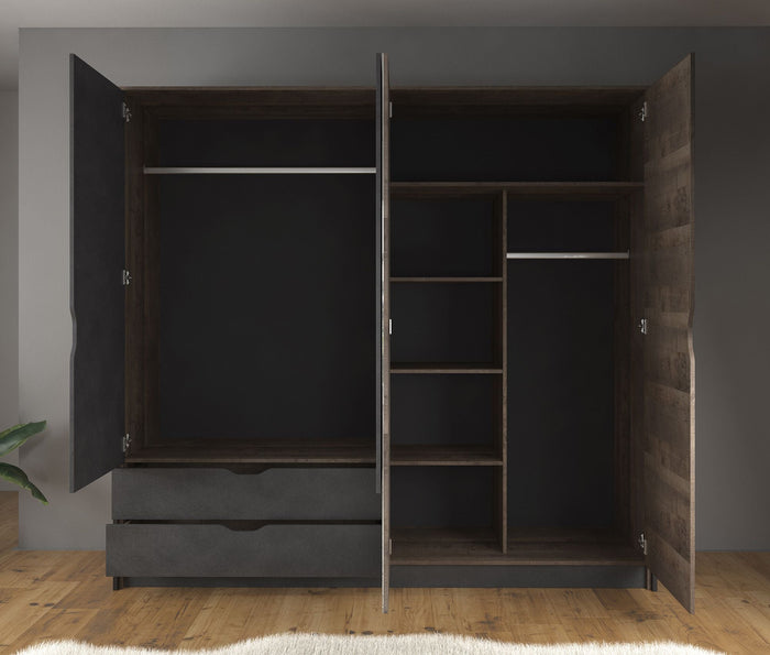 Meubella - Kledingkast Acasia - Grijs - Eiken - 220 cm - Met spiegel