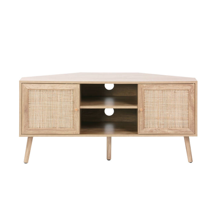 sweeek - Hoek-TV-meubel in houtdecor en rotan, 2 deuren, 1 plank, 115