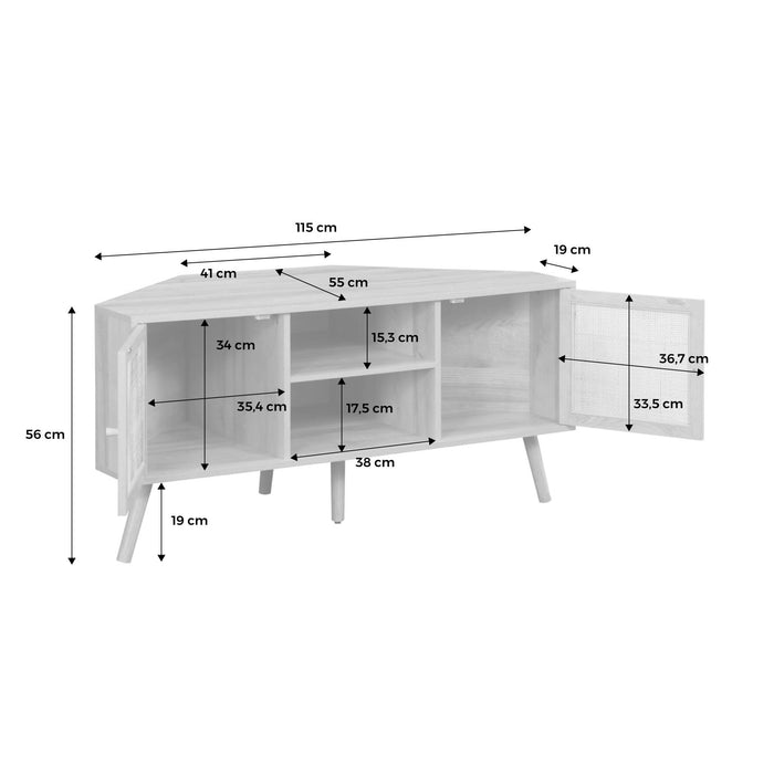 sweeek - Hoek-TV-meubel in houtdecor en rotan, 2 deuren, 1 plank, 115