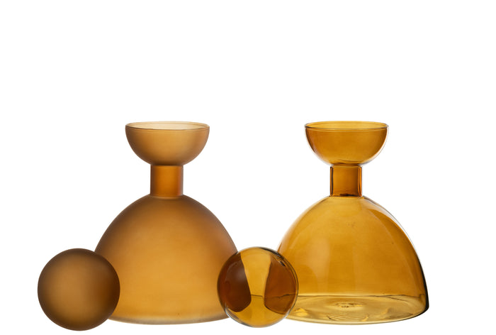 J-Line vaas Fles + Dop Rond - glas - bruin - 2 stuks - Ø 15