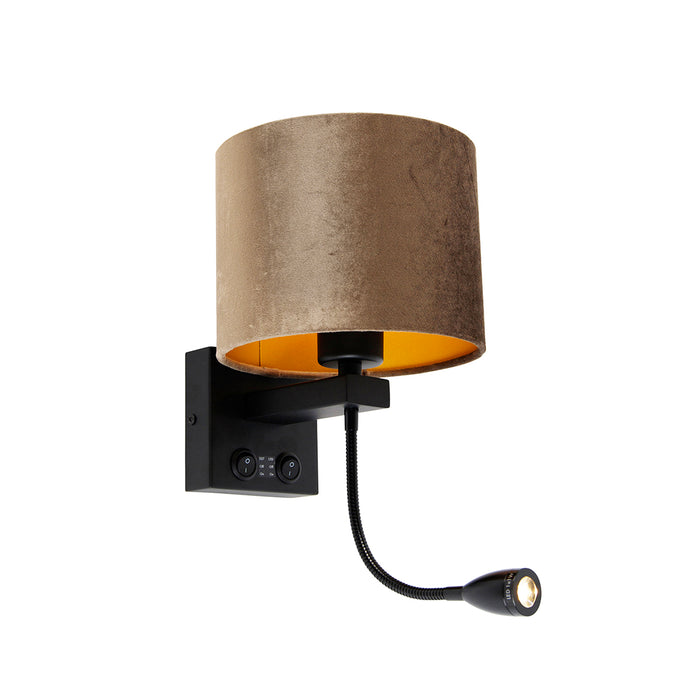 QAZQA Wandlamp zwart met velours kap bruin 18cm - Brescia