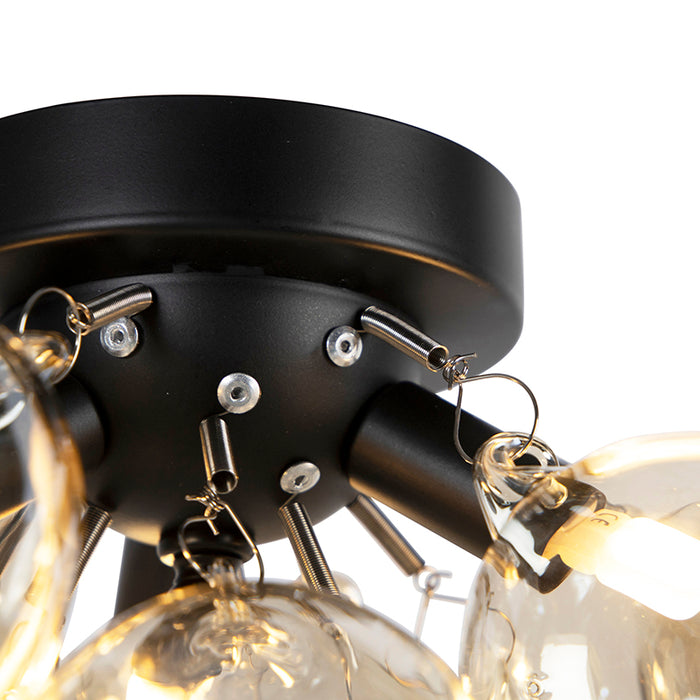 QAZQA Smart plafondlamp zwart met amber glas 3-lichts incl. 3 Wifi G9