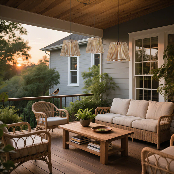 QAZQA Buiten hanglamp zwart met beige kappen van touw 3-lichts IP44 -