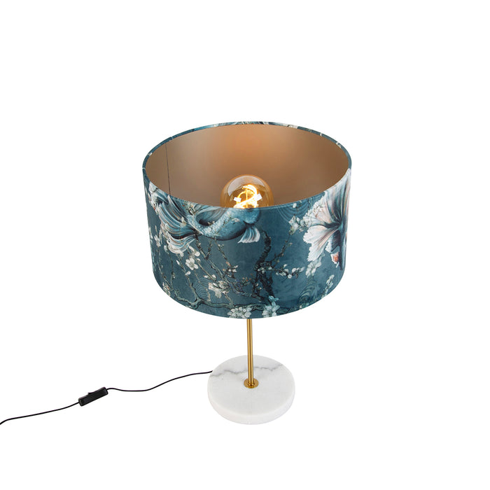 QAZQA Tafellamp messing met velours lampenkap vis dessin 35cm - Kaso