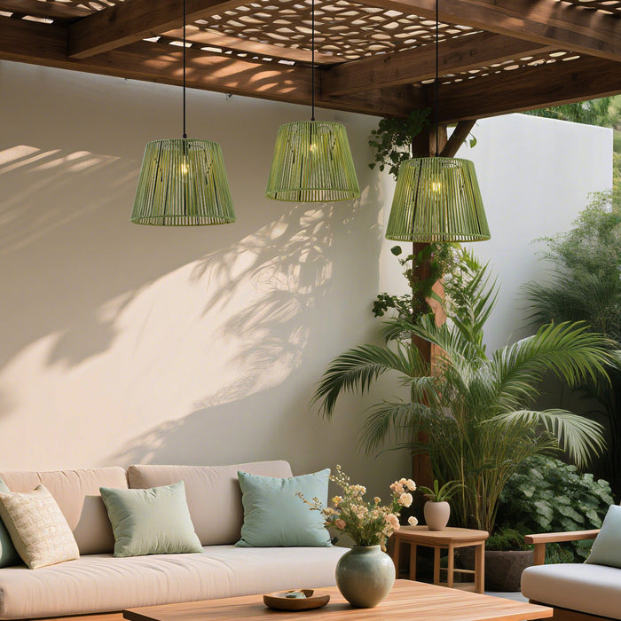 QAZQA Buiten hanglamp zwart met groene kappen van touw 3-lichts IP44