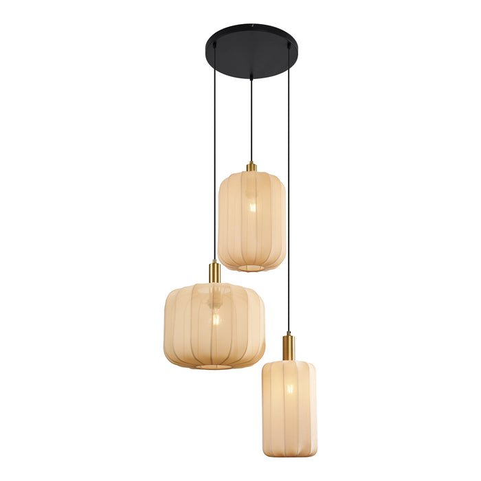 QAZQA Japandi hanglamp zwart en goud met beige kap 3-lichts - Pluni