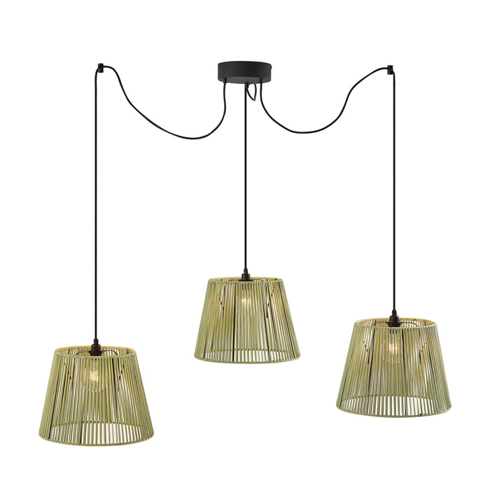 QAZQA Buiten hanglamp zwart met groene kappen van touw 3-lichts IP44