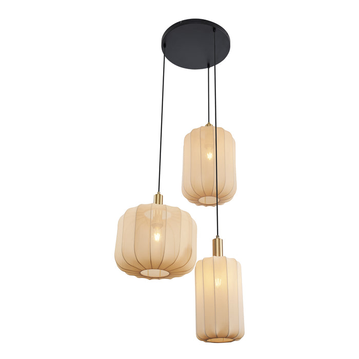 QAZQA Japandi hanglamp zwart en goud met beige kap 3-lichts - Pluni