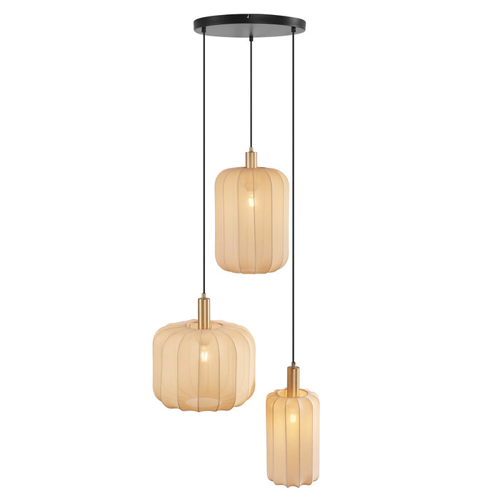 QAZQA Japandi hanglamp zwart en goud met beige kap 3-lichts - Pluni