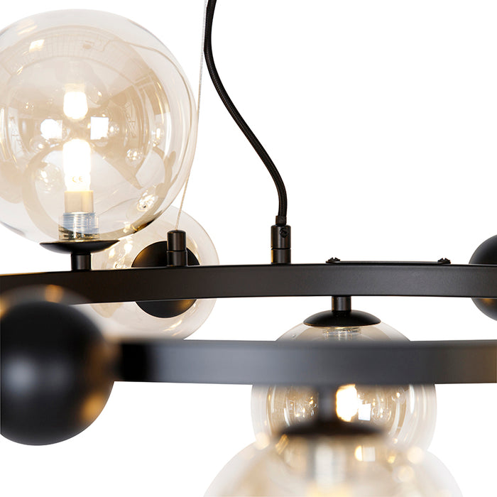 QAZQA Smart hanglamp zwart met amber glas 12-lichts incl. 12 Wifi G9