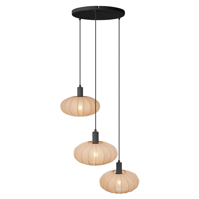 QAZQA Japandi hanglamp zwart met bruine stoffen kap 3-lichts - Bida