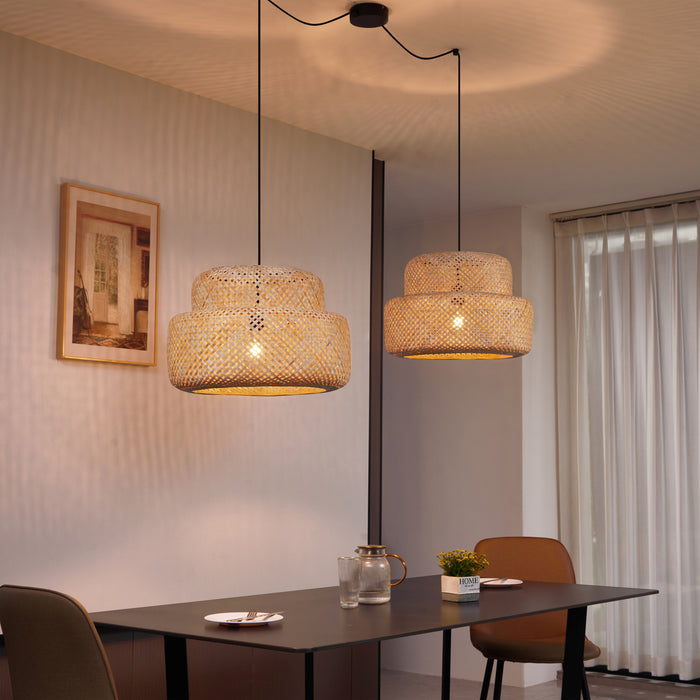 QAZQA Japandi hanglamp zwart met bamboe 2-lichts - Kea