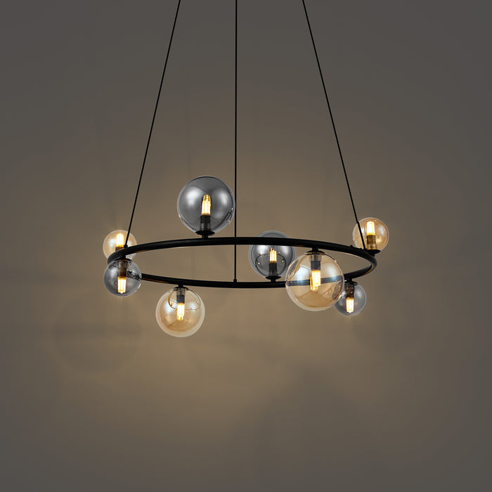 QAZQA Hanglamp zwart met smoke en amber glas rond 8-lichts - Monaco