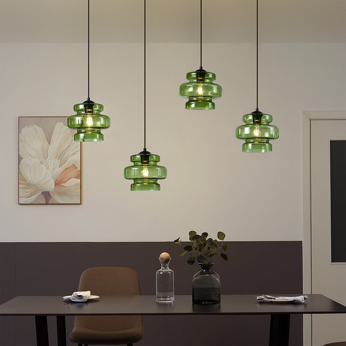 QAZQA Retro hanglamp zwart met groen glas 4-lichts - Denise