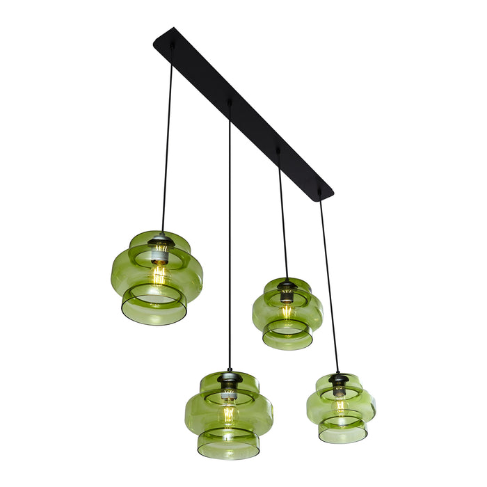 QAZQA Retro hanglamp zwart met groen glas 4-lichts - Denise