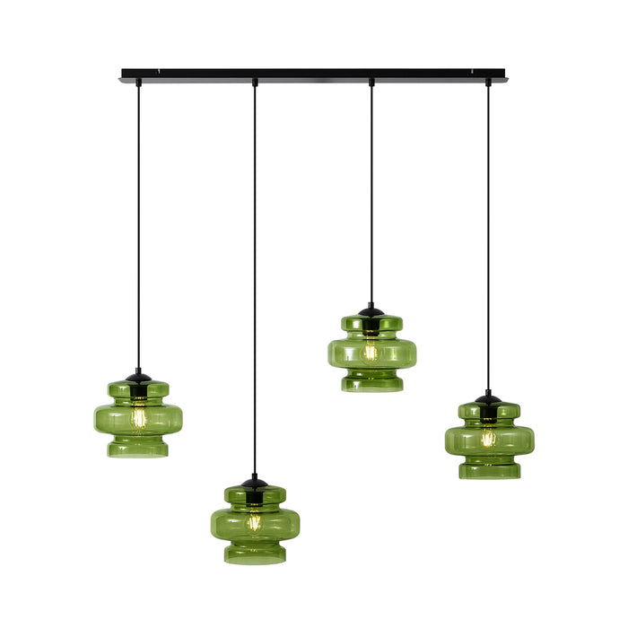 QAZQA Retro hanglamp zwart met groen glas 4-lichts - Denise
