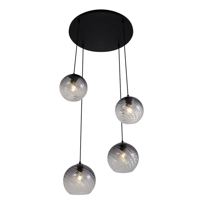 QAZQA Art Deco hanglamp zwart met smoke glas rond 4-lichts - Bao