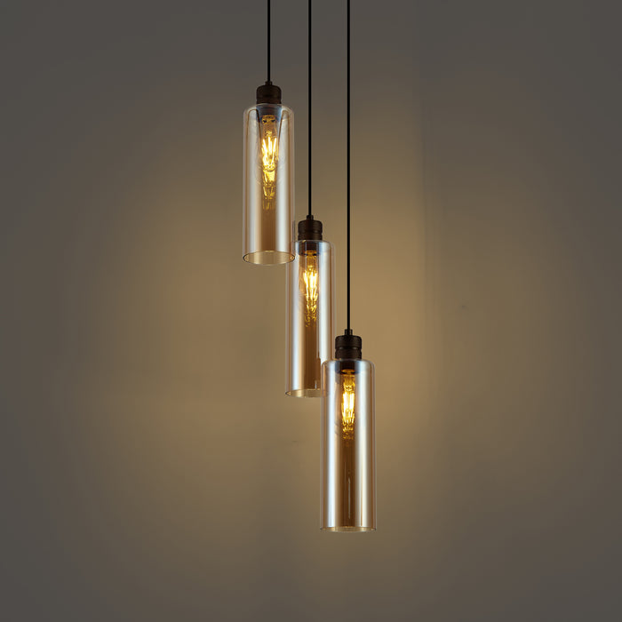 QAZQA Hotel Chique hanglamp donker brons met amber glas 3-lichts -