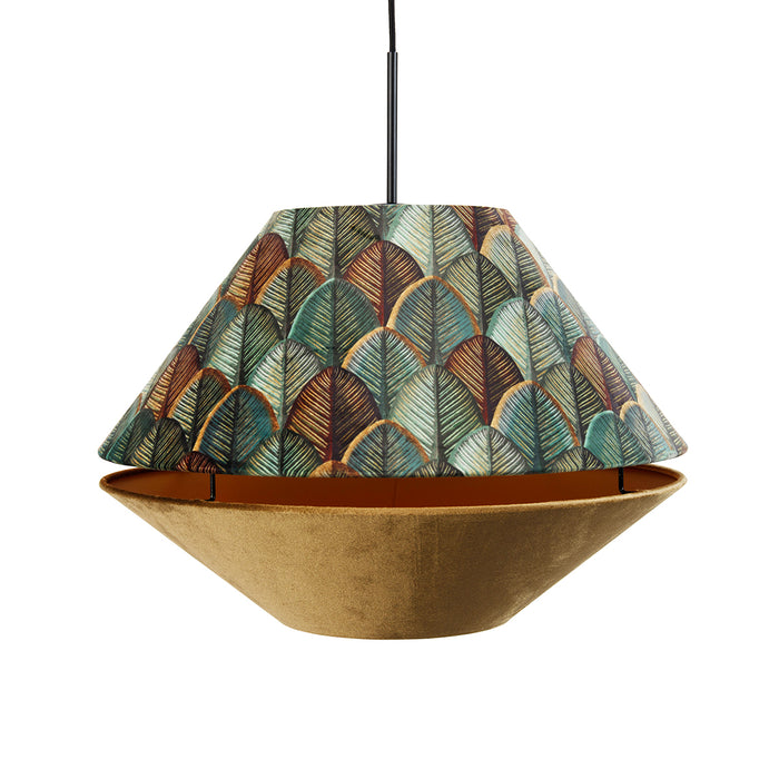 QAZQA Hanglamp zwart met dubbele velours lampenkap blad dessin en