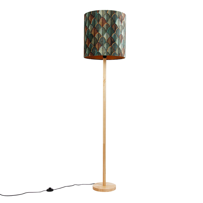 QAZQA Vloerlamp hout met velours lampenkap blad dessin met gouden