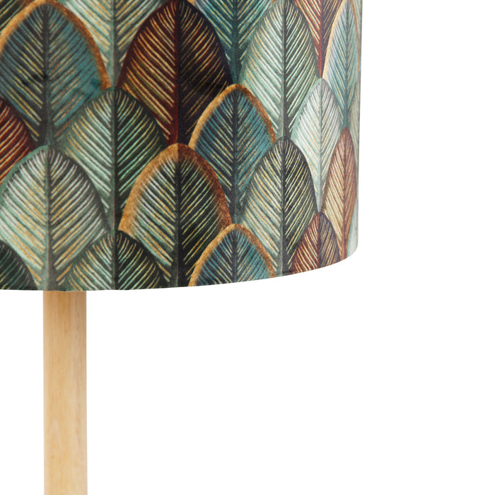 QAZQA Vloerlamp hout met velours lampenkap blad dessin met gouden