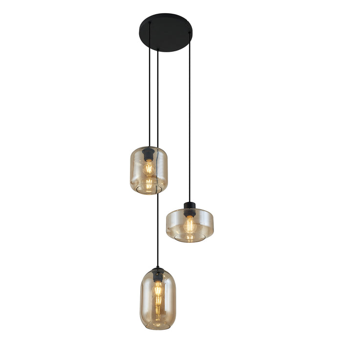 QAZQA Moderne hanglamp zwart met amber glas 3-lichts - Sheena