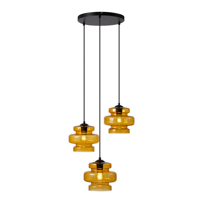 QAZQA Retro hanglamp zwart met oranje glas 3-lichts - Denise