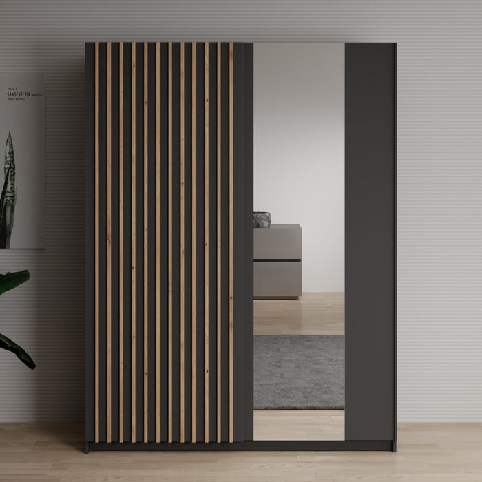 Meubella - Kledingkast Deliryon - Zwart - 150 cm - Met spiegel