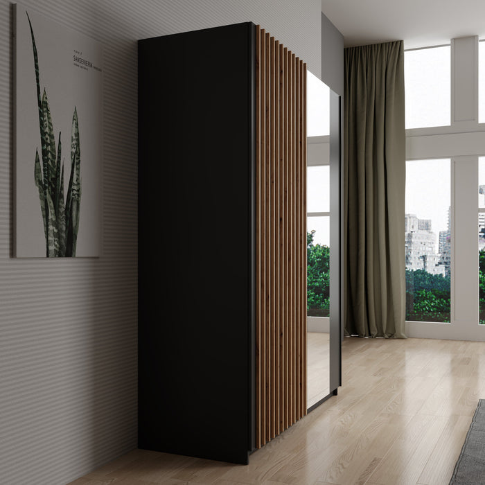 Meubella - Kledingkast Deliryon - Zwart - 150 cm - Met spiegel