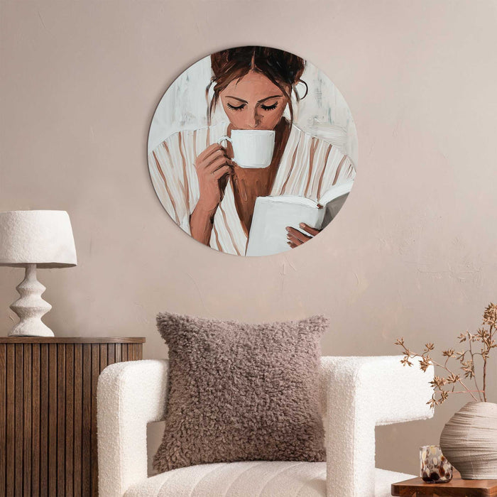Reinders - Ochtendkoffie met een Boek II - Glasschilderij Ø 50 cm - Beige