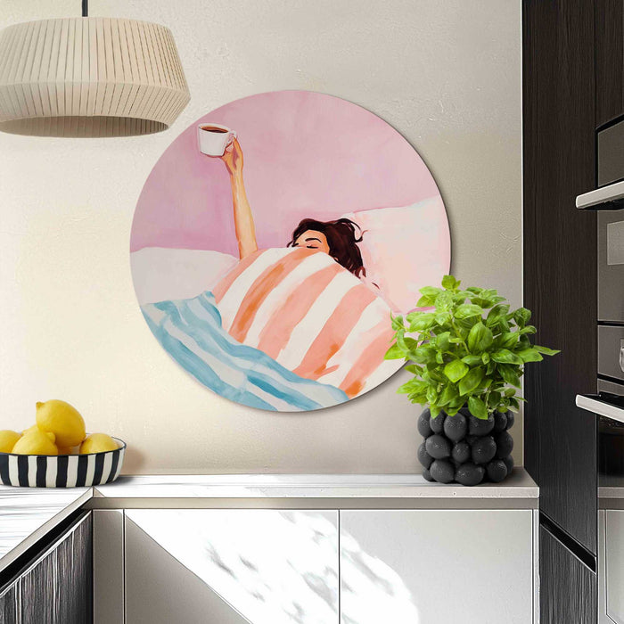 Reinders - Koffie in bed - Glasschilderij Ø 70 cm - Roze