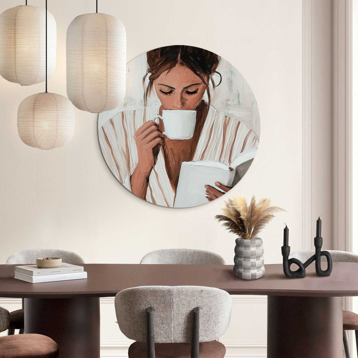 Reinders - Ochtendkoffie met een Boek II - Glasschilderij Ø 70 cm - Beige